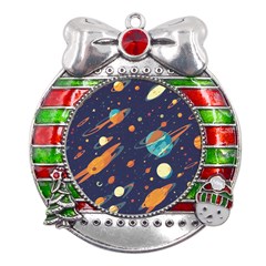 Space Galaxy Planet Universe Stars Night Fantasy Metal X mas Ribbon With Red Crystal Round Ornament by Ket1n9