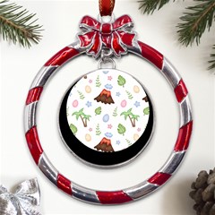 Cute-palm-volcano-seamless-pattern Metal Red Ribbon Round Ornament by Ket1n9