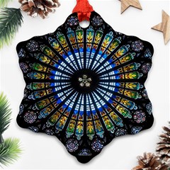 Stained Glass Rose Window In France s Strasbourg Cathedral Snowflake Ornament (two Sides)