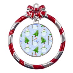 New Year Christmas Snowman Pattern, Metal Red Ribbon Round Ornament by Grandong