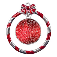 Christmas Pattern Red Metal Red Ribbon Round Ornament by Grandong