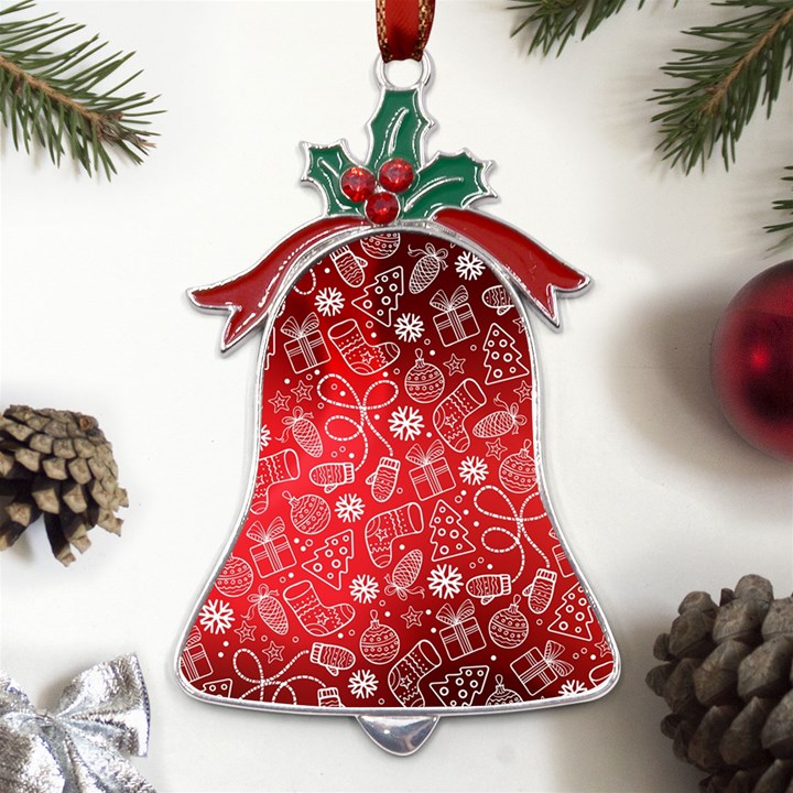 Christmas Pattern Red Metal Holly Leaf Bell Ornament