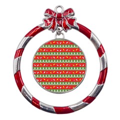 Christmas-papers-red-and-green Metal Red Ribbon Round Ornament by Grandong