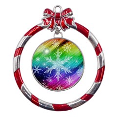 Christmas-snowflake-background Metal Red Ribbon Round Ornament by Grandong