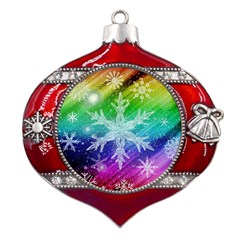 Christmas-snowflake-background Metal Snowflake And Bell Red Ornament by Grandong