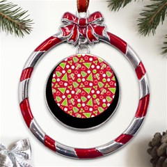 Christmas-paper-scrapbooking-pattern Metal Red Ribbon Round Ornament by Grandong