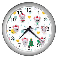 Christmas-seamless-pattern-with-cute-kawaii-mouse Wall Clock (silver) by Grandong