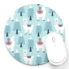 Christmas-tree-cute-lama-with-gift-boxes-seamless-pattern Round Mousepad by Grandong