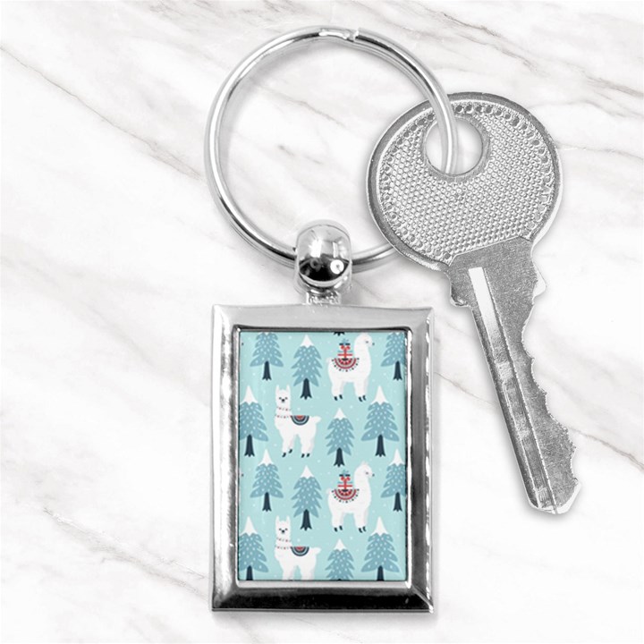 Christmas-tree-cute-lama-with-gift-boxes-seamless-pattern Key Chain (Rectangle)