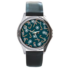 Christmas-seamless-pattern-with-candies-snowflakes Round Metal Watch by Grandong