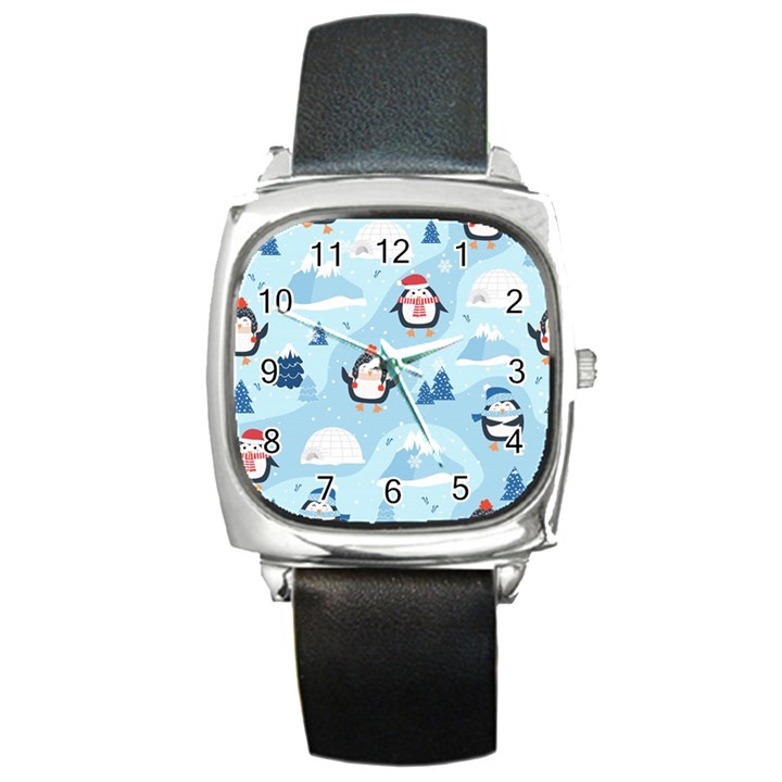 Christmas-seamless-pattern-with-penguin Square Metal Watch