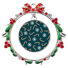 Christmas-seamless-pattern-with-candies-snowflakes Metal X mas Wreath Ribbon Ornament by Grandong