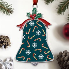 Christmas-seamless-pattern-with-candies-snowflakes Metal Holly Leaf Bell Ornament by Grandong