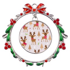 Christmas-seamless-pattern-with-reindeer Metal X mas Wreath Ribbon Ornament by Grandong