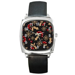 Christmas-pattern-with-snowflakes-berries Square Metal Watch