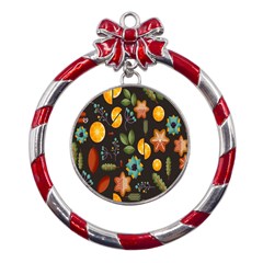 Christmas-seamless-pattern   - Metal Red Ribbon Round Ornament by Grandong