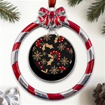 Christmas-pattern-with-snowflakes-berries Metal Red Ribbon Round Ornament Front