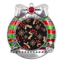 Christmas-pattern-with-snowflakes-berries Metal X mas Ribbon With Red Crystal Round Ornament by Grandong