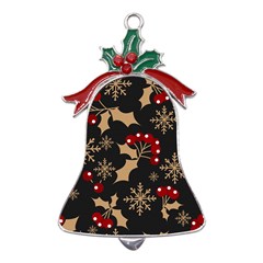 Christmas-pattern-with-snowflakes-berries Metal Holly Leaf Bell Ornament by Grandong