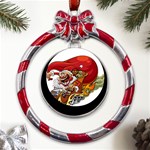 Funny Santa Claus Christmas Metal Red Ribbon Round Ornament Front