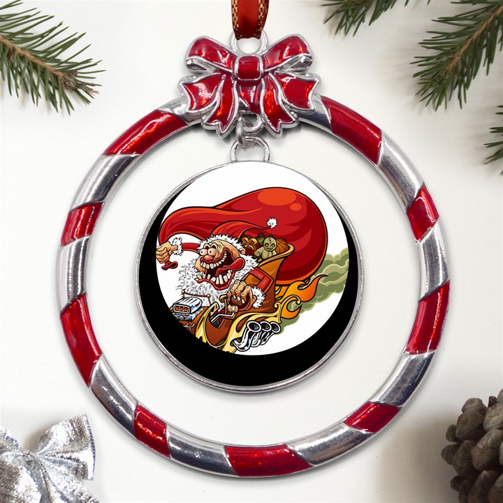 Funny Santa Claus Christmas Metal Red Ribbon Round Ornament