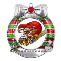 Funny Santa Claus Christmas Metal X mas Ribbon With Red Crystal Round Ornament by Grandong