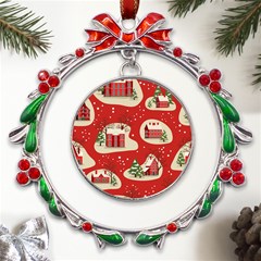 Christmas-new-year-seamless-pattern Metal X mas Wreath Ribbon Ornament by Grandong