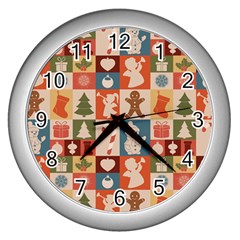 Cute Christmas Seamless Pattern Vector  - Wall Clock (silver) by Grandong