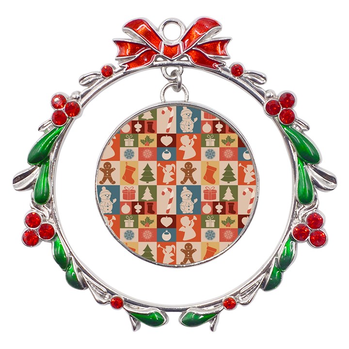 Cute Christmas Seamless Pattern Vector  - Metal X mas Wreath Ribbon Ornament