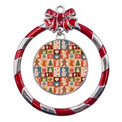 Cute Christmas Seamless Pattern Vector  - Metal Red Ribbon Round Ornament by Grandong