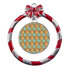 Owl-pattern-background Metal Red Ribbon Round Ornament by Grandong