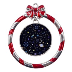 Starry Night  Space Constellations  Stars  Galaxy  Universe Graphic  Illustration Metal Red Ribbon Round Ornament by Grandong