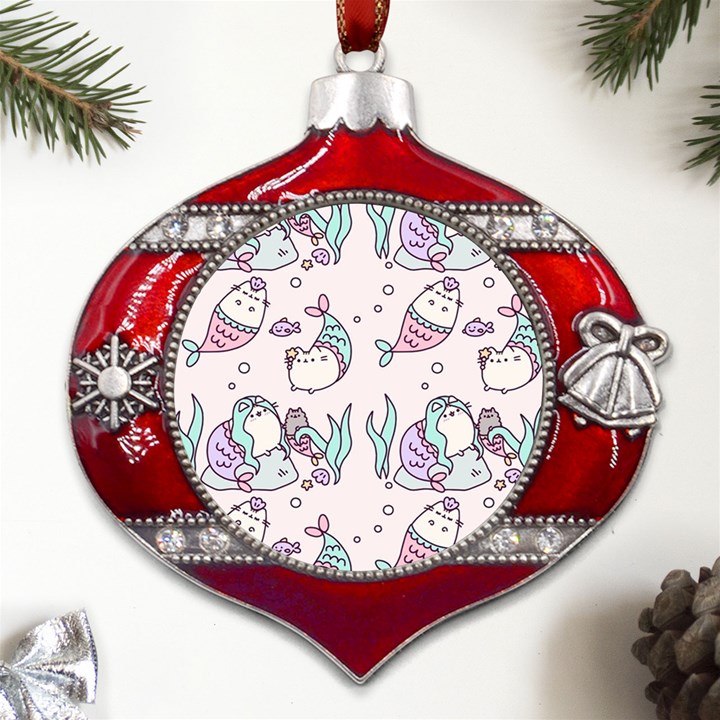 Cartoon Cat Cute Animal Design Drawing Illustration Kawaii Metal Snowflake And Bell Red Ornament