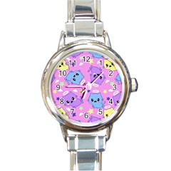 Seamless Pattern With Cute Kawaii Kittens Round Italian Charm Watch by Grandong