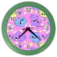 Seamless Pattern With Cute Kawaii Kittens Color Wall Clock by Grandong