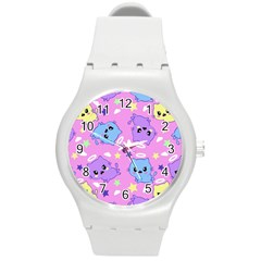 Seamless Pattern With Cute Kawaii Kittens Round Plastic Sport Watch (m) by Grandong