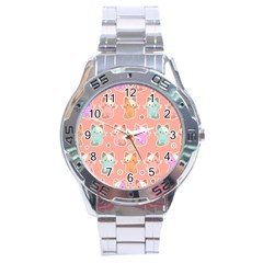 Cute Kawaii Kittens Seamless Pattern Stainless Steel Analogue Watch