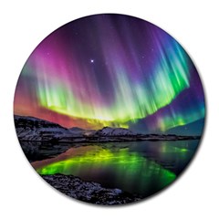 Aurora Borealis Polar Northern Lights Natural Phenomenon North Night Mountains Round Mousepad by Grandong