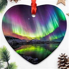 Aurora Borealis Polar Northern Lights Natural Phenomenon North Night Mountains Ornament (heart) by Grandong