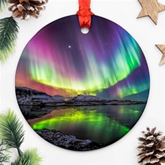 Aurora Borealis Polar Northern Lights Natural Phenomenon North Night Mountains Round Ornament (two Sides) by Grandong