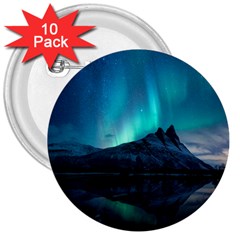 Aurora Borealis Mountain Reflection 3  Buttons (10 Pack)  by Grandong