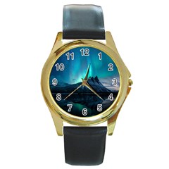 Aurora Borealis Mountain Reflection Round Gold Metal Watch by Grandong