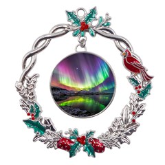 Aurora Borealis Polar Northern Lights Natural Phenomenon North Night Mountains Metal X mas Wreath Holly Leaf Ornament by Grandong