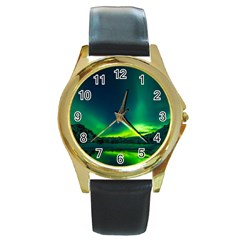 Iceland Aurora Borealis Round Gold Metal Watch