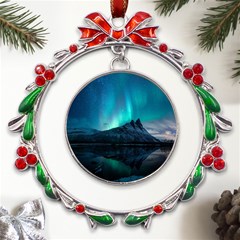 Aurora Borealis Mountain Reflection Metal X mas Wreath Ribbon Ornament by Grandong