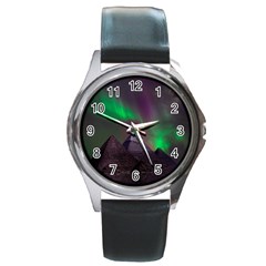 Aurora Northern Lights Phenomenon Atmosphere Sky Round Metal Watch by Grandong