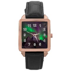 Aurora Northern Lights Phenomenon Atmosphere Sky Rose Gold Leather Watch  by Grandong