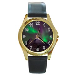 Aurora Stars Sky Mountains Snow Aurora Borealis Round Gold Metal Watch by Grandong