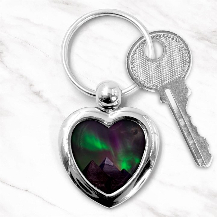 Aurora Stars Sky Mountains Snow Aurora Borealis Key Chain (Heart)