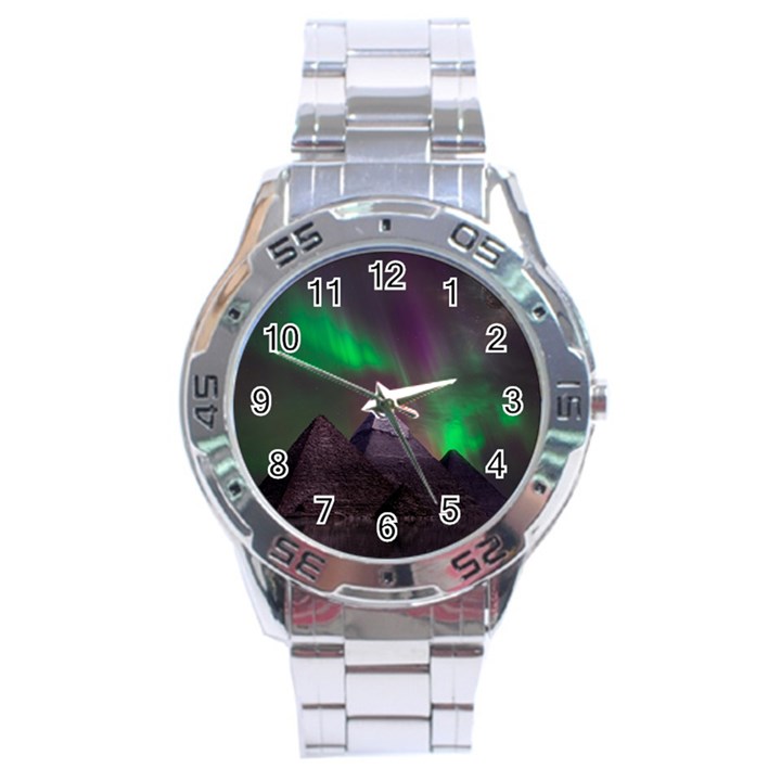 Aurora Stars Sky Mountains Snow Aurora Borealis Stainless Steel Analogue Watch